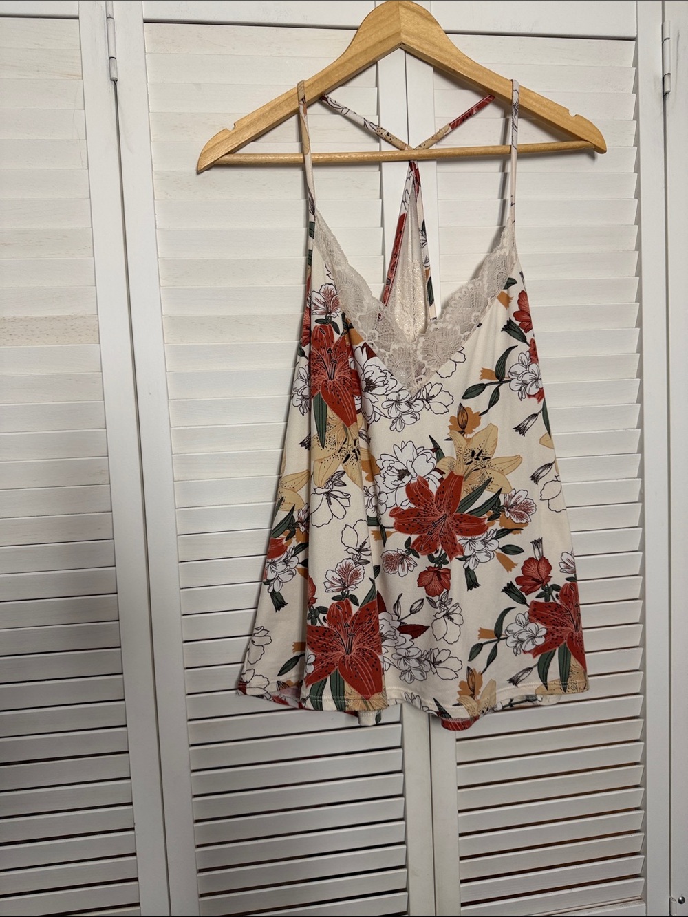 Floral Lace Trim Camisole Tank Top - Cream with Red & Tan Floral